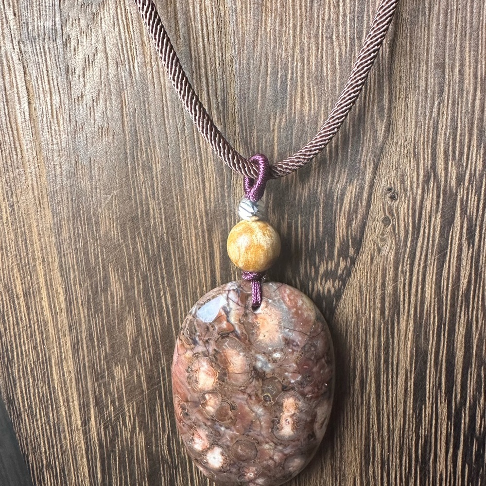 Ocean Jasper Pendant Necklace, Palo Santo Bead on Brown Rope - Picture 4 of 11